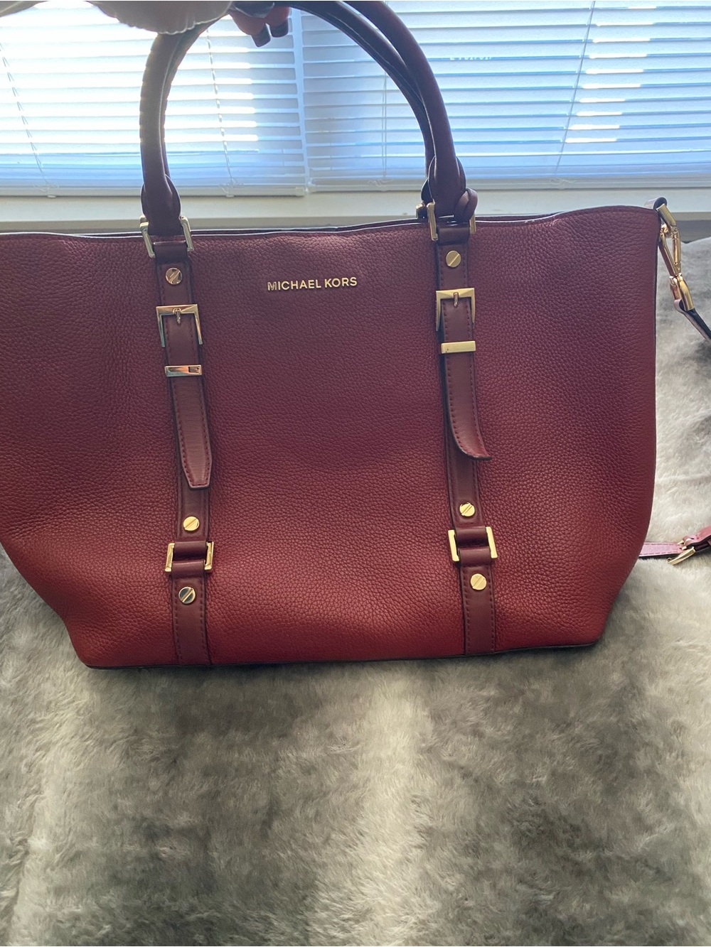 Michael Kors Deep Burgundy Pebbled Leather Tote with Gold Hardware